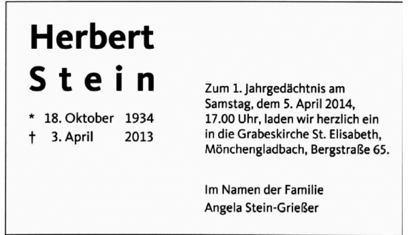  Traueranzeige für Herbert Stein vom 29.03.2014 aus Rheinische Post