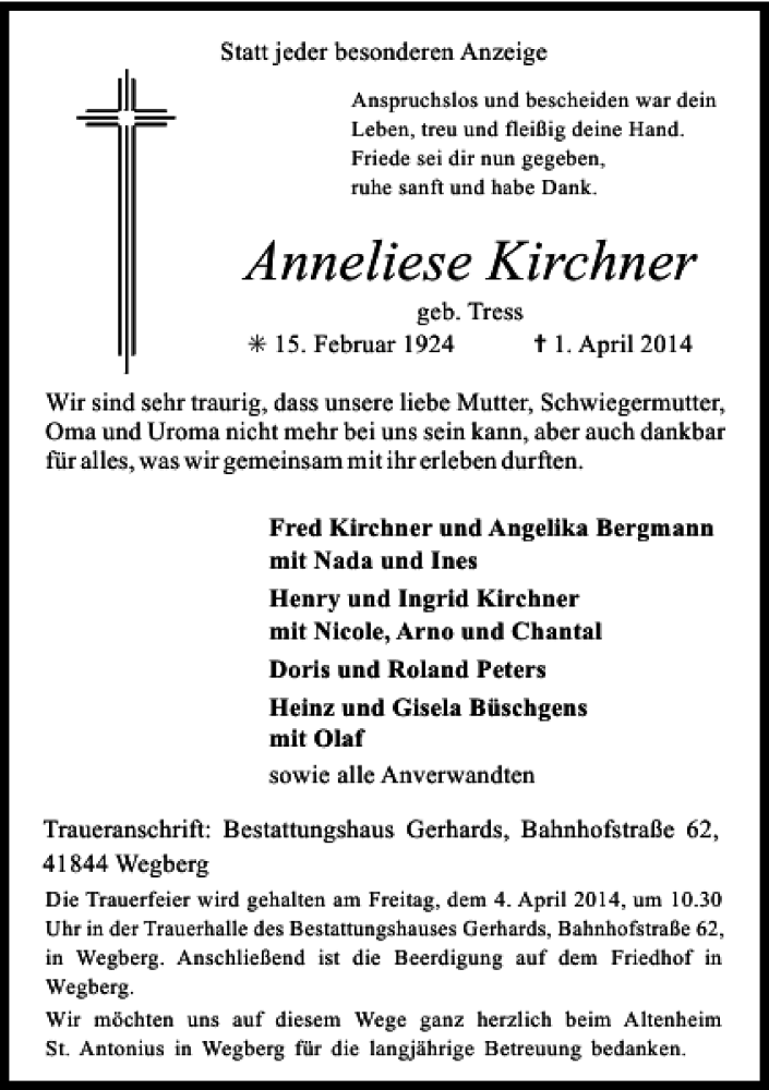  Traueranzeige für Anneliese Kirchner vom 03.04.2014 aus Rheinische Post