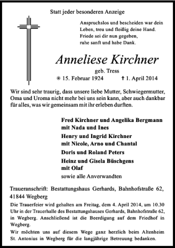 Traueranzeige von Anneliese Kirchner von Rheinische Post