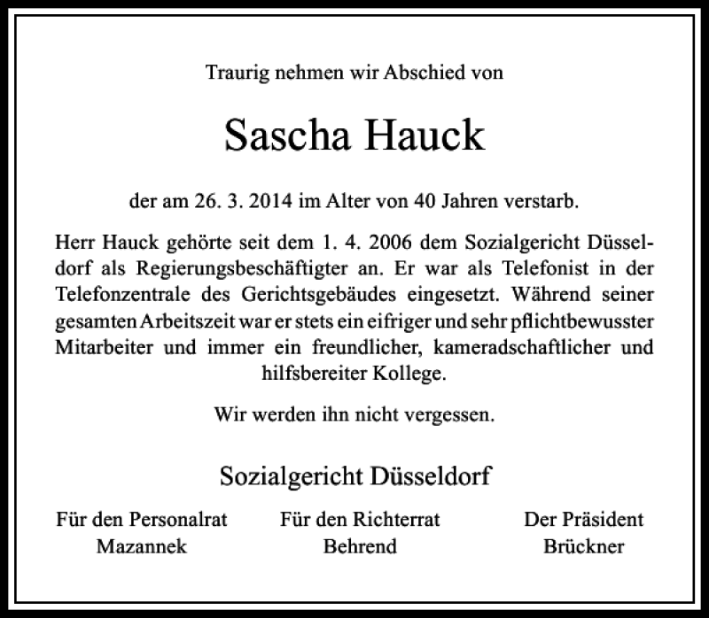  Traueranzeige für Sascha Hauck vom 08.04.2014 aus Rheinische Post