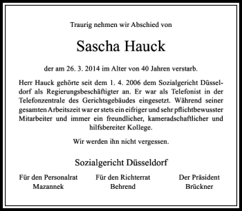Traueranzeige von Hauck Sascha von Rheinische Post