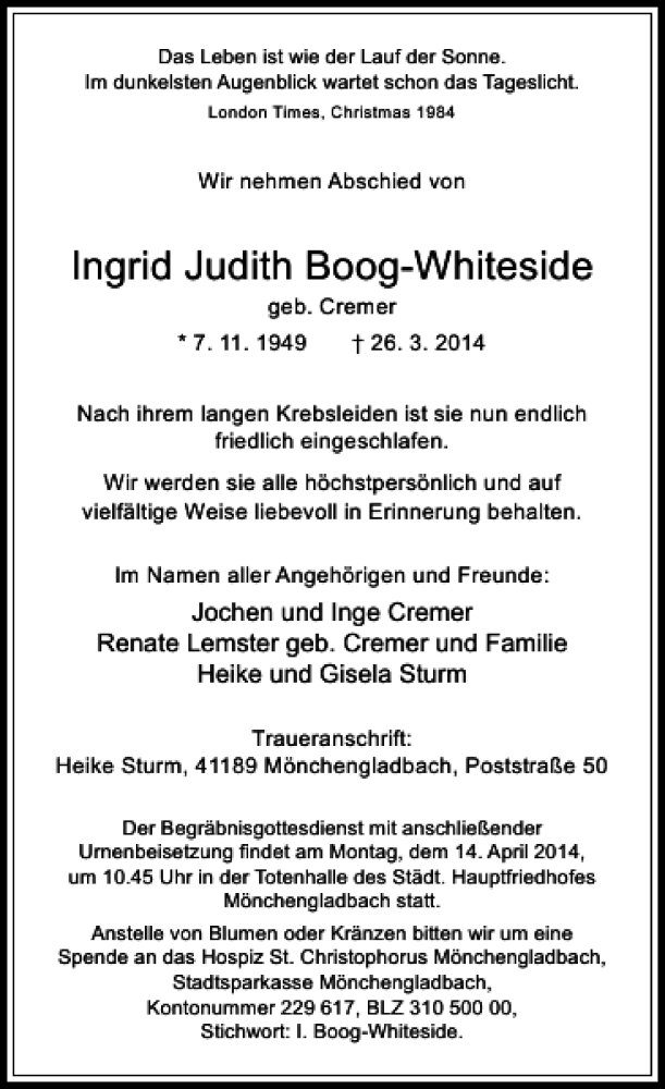  Traueranzeige für Ingrid Judith Boog-Whiteside vom 08.04.2014 aus Rheinische Post