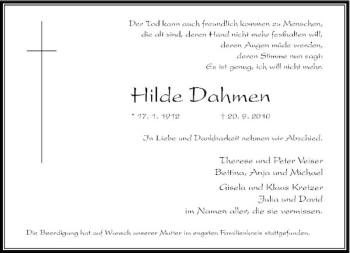 Traueranzeige von Hilde Dahmen von Rheinische Post