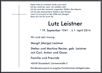 Traueranzeige von Lutz Leistner von Rheinische Post