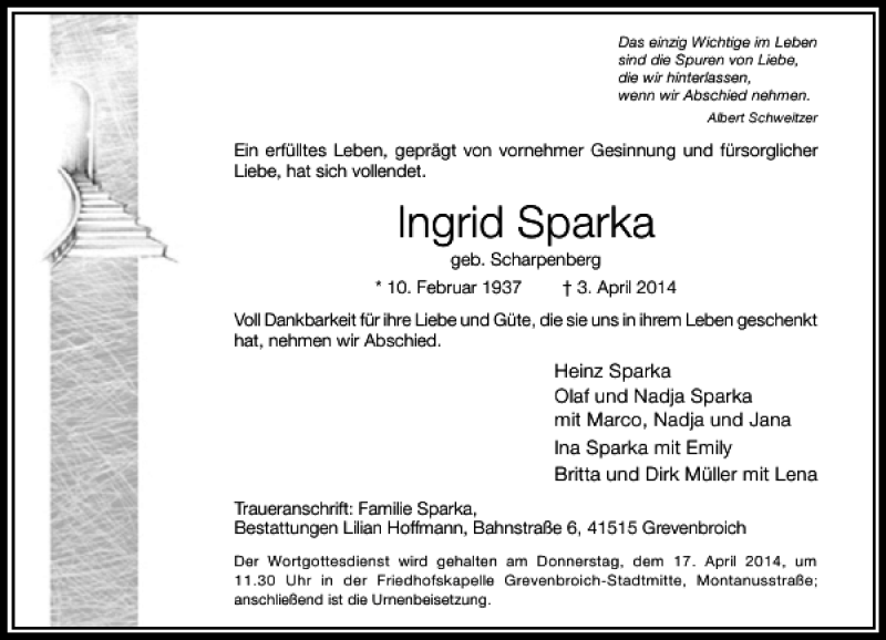  Traueranzeige für Sparka Ingrid vom 08.04.2014 aus Rheinische Post