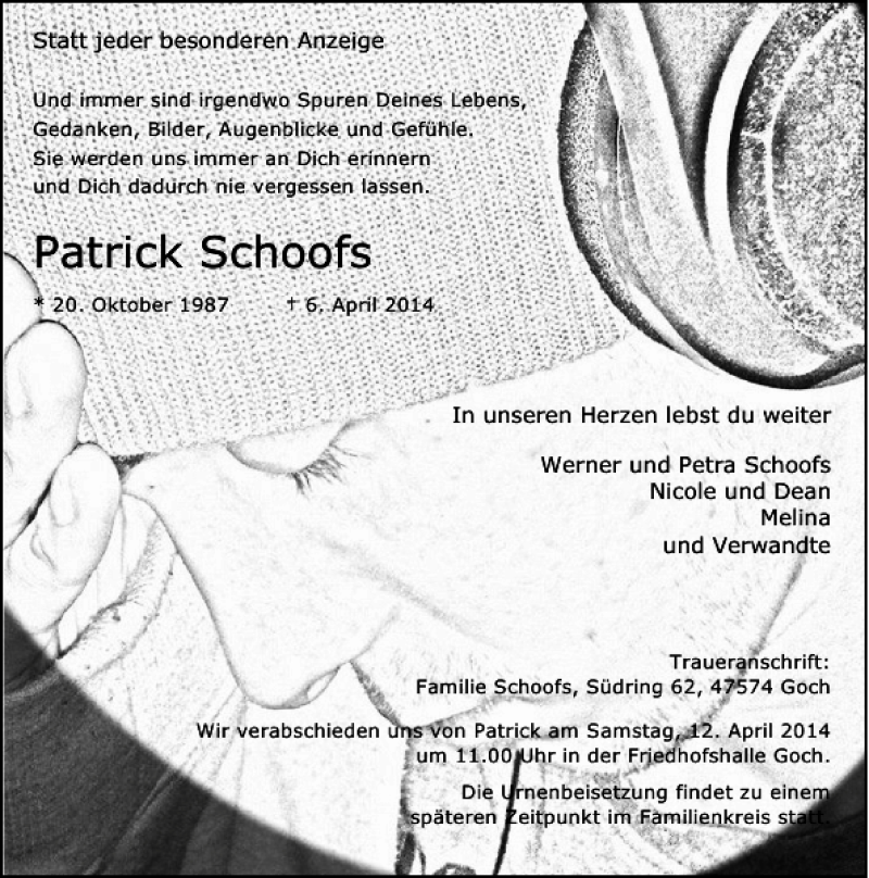  Traueranzeige für Patrick Schoofs vom 09.04.2014 aus Rheinische Post