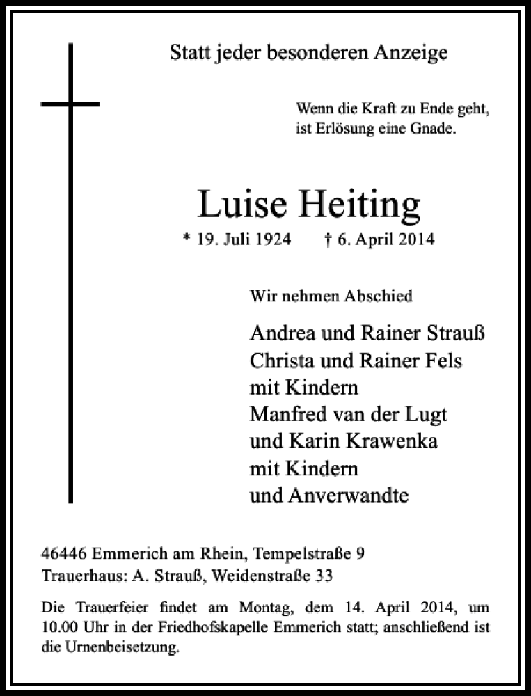  Traueranzeige für Luise Heiting vom 09.04.2014 aus Rheinische Post