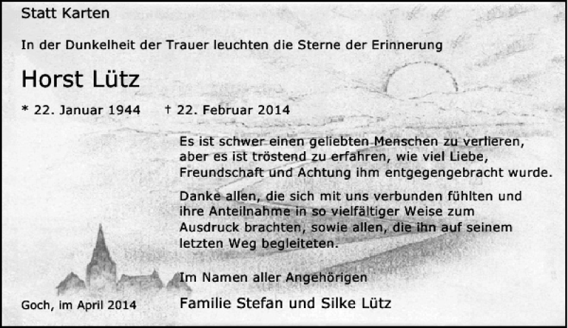  Traueranzeige für Horst Lütz vom 11.04.2014 aus Rheinische Post