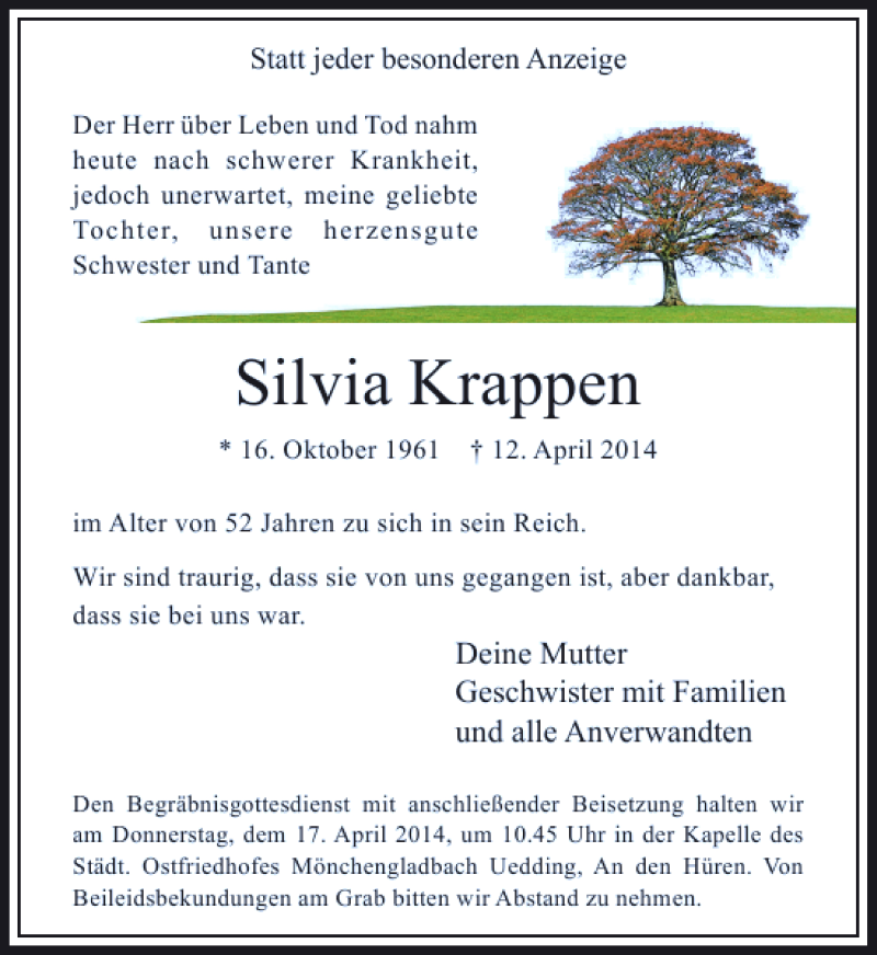  Traueranzeige für Krappen Silvia vom 16.04.2014 aus Rheinische Post
