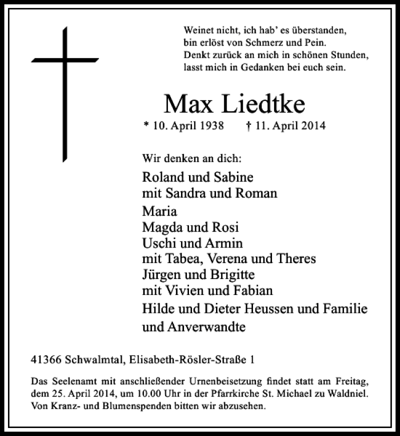 Alle Traueranzeigen für Max Liedtke