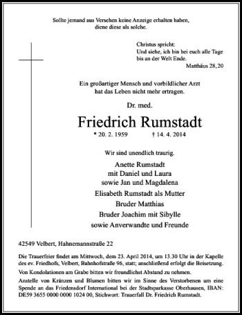 Traueranzeige von Rumstadt Friedrich von Rheinische Post