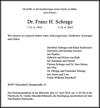 Traueranzeige von Dr. Franz H. Schrage von Rheinische Post