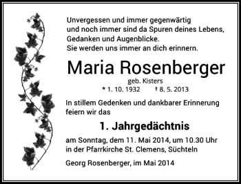 Traueranzeige von Maria Rosenberger von Rheinische Post