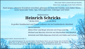Traueranzeige von Heinrich Schricks von Rheinische Post