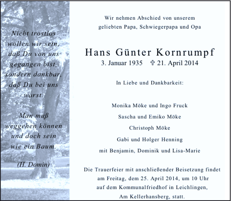  Traueranzeige für Hans Günter Kornrumpf vom 23.04.2014 aus Rheinische Post