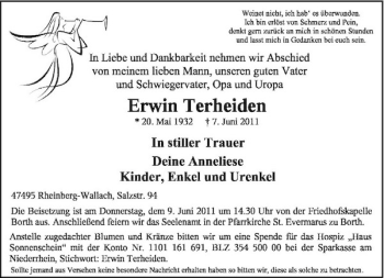 Traueranzeige von Erwin Terheiden von Rheinische Post