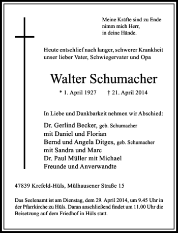 Traueranzeige von Walter Schumacher von Rheinische Post