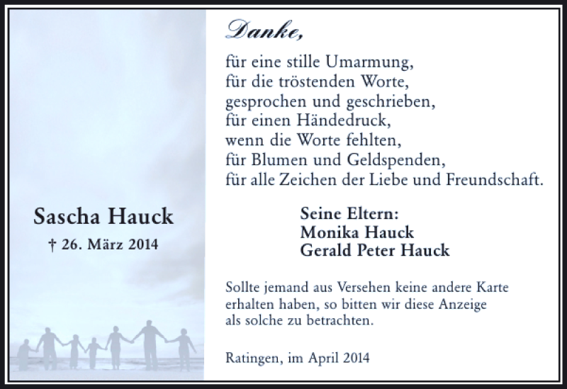  Traueranzeige für Sascha Hauck vom 26.04.2014 aus Rheinische Post
