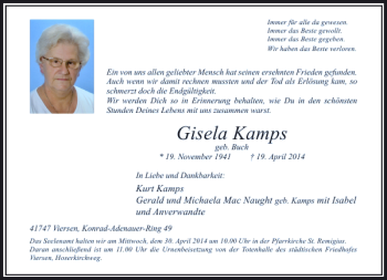 Traueranzeige von Gisela Kamps von Rheinische Post