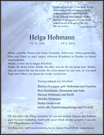 Traueranzeige von Helga Hohmann von Rheinische Post