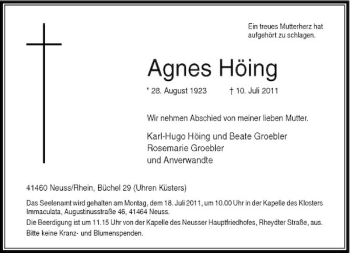 Traueranzeige von Agnes Höing von Rheinische Post