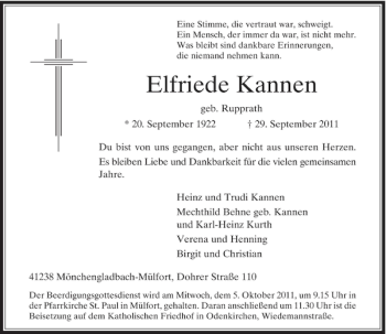 Traueranzeige von Elfriede Kannen von Rheinische Post