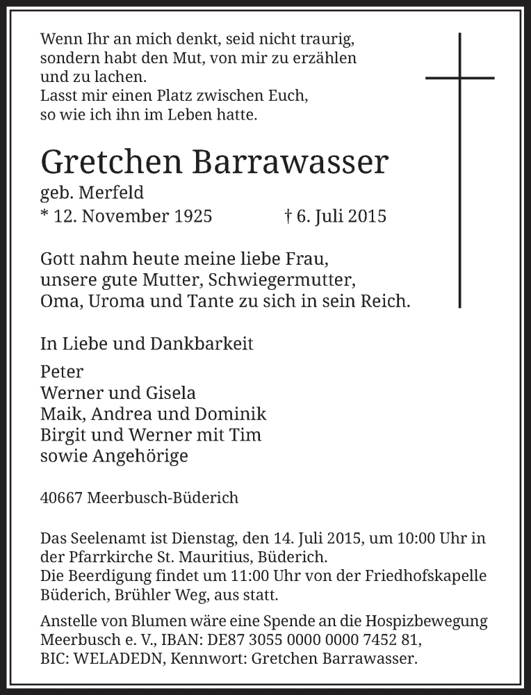  Traueranzeige für Gretchen Barrawasser vom 13.07.2015 aus Rheinische Post