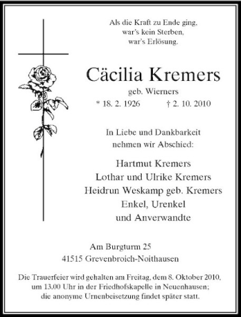 Traueranzeige von Cäcilia Kremers von Rheinische Post
