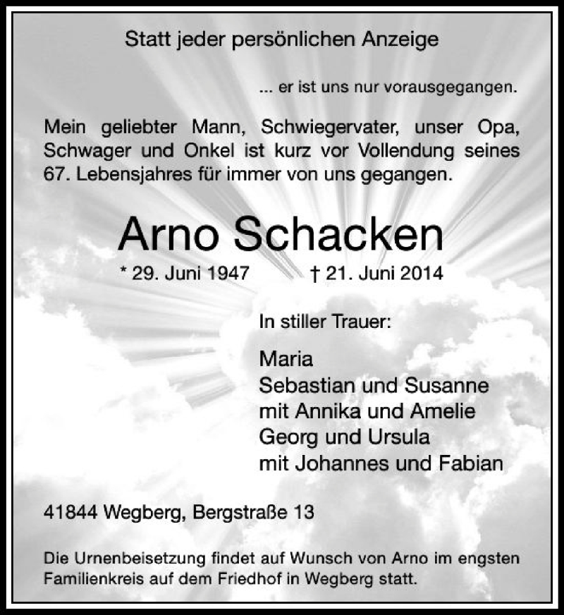  Traueranzeige für Arno Schacken vom 28.06.2014 aus Rheinische Post