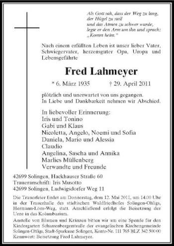 Traueranzeige von Fred Lahmeyer von Rheinische Post