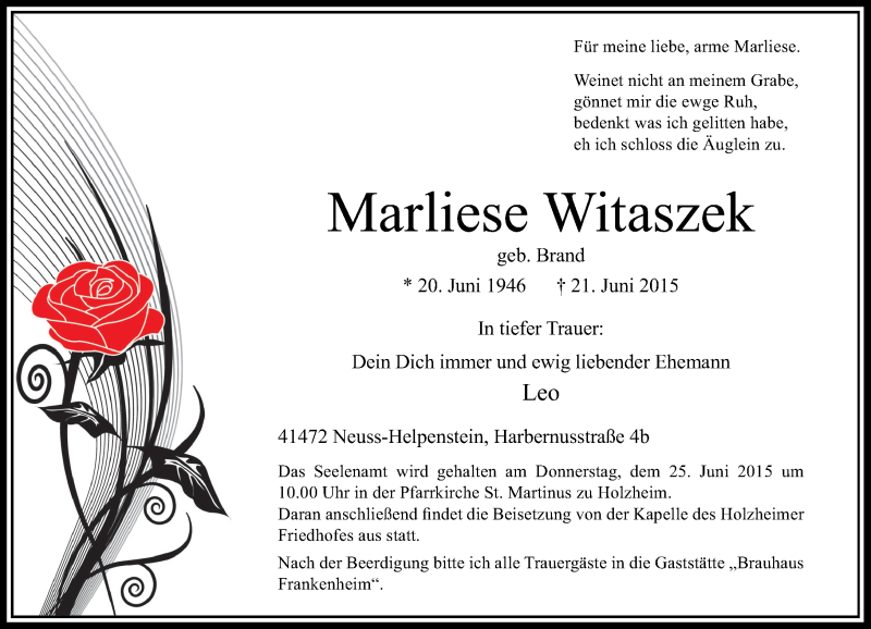  Traueranzeige für Marliese Witaszek vom 23.06.2015 aus Rheinische Post