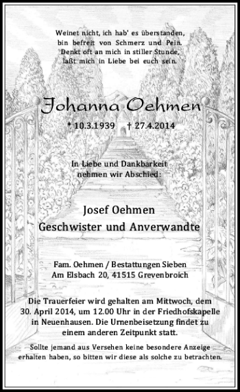 Traueranzeige von Johanna Oehmen von Rheinische Post