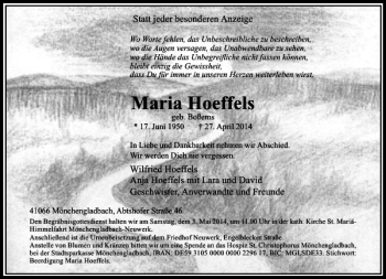 Traueranzeige von Maria Hoeffels von Rheinische Post