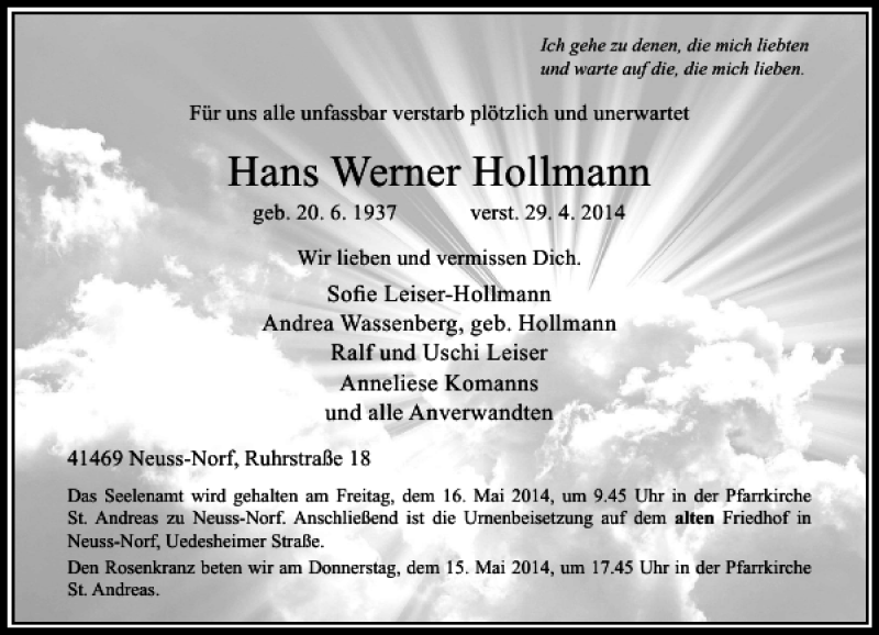  Traueranzeige für Werner Hollmann Hans vom 10.05.2014 aus Rheinische Post
