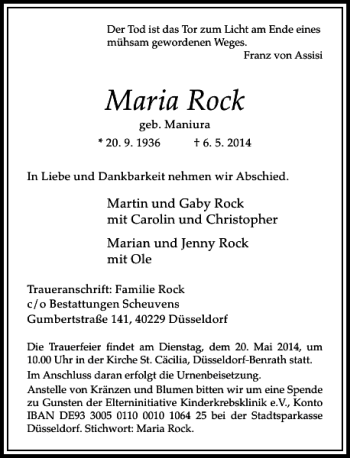 Traueranzeige von Maria Rock von Rheinische Post