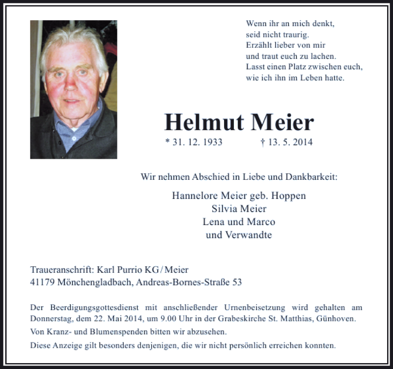 Traueranzeige für Helmut Meier vom 17.05.2014 aus Rheinische Post