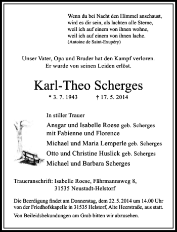 Traueranzeige von Theo Scherges Karl von Rheinische Post