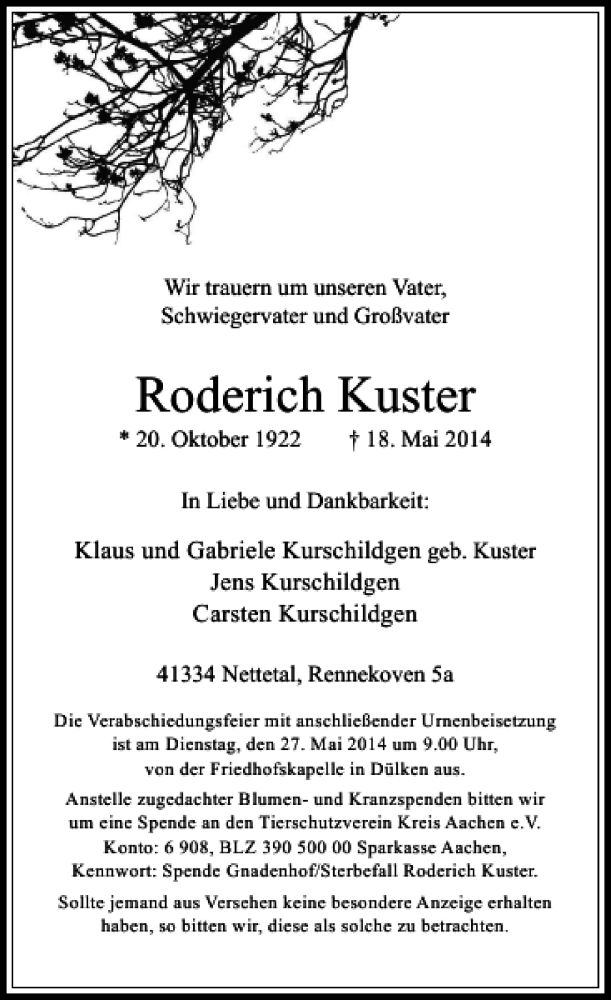  Traueranzeige für Roderich Kuster vom 22.05.2014 aus Rheinische Post