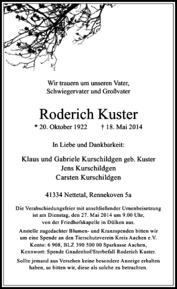 Traueranzeige von Roderich Kuster von Rheinische Post