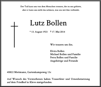 Traueranzeige von Lutz Bollen von Rheinische Post