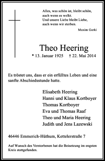Traueranzeige von Theo Heering von Rheinische Post