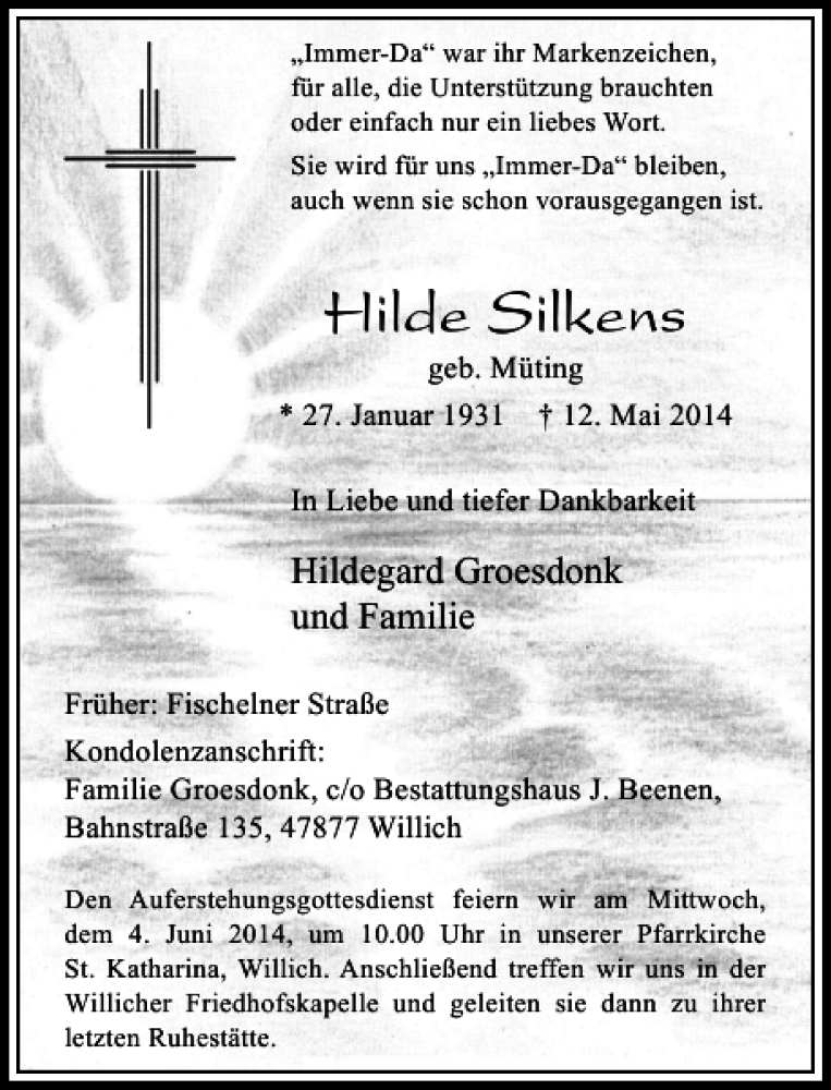  Traueranzeige für Hilde Silkens vom 31.05.2014 aus Rheinische Post