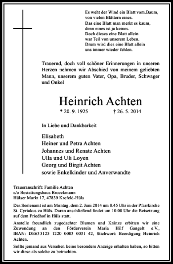 Traueranzeige von Heinrich Achten von Rheinische Post