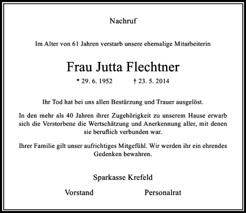  Traueranzeige für Frau Jutta Flechtner vom 29.05.2014 aus Rheinische Post