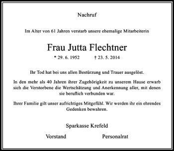 Traueranzeige von Frau Jutta Flechtner von Rheinische Post