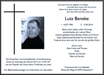Traueranzeige von Lutz Beneke von Rheinische Post
