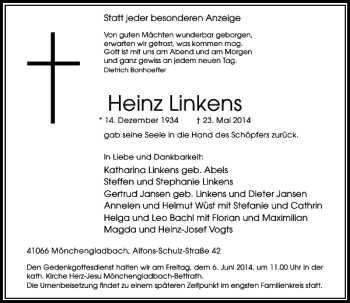Traueranzeige von Heinz Linkens von Rheinische Post