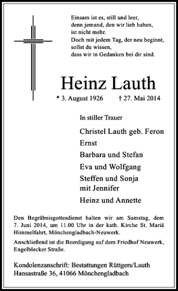 Traueranzeige von Lauth Heinz von Rheinische Post