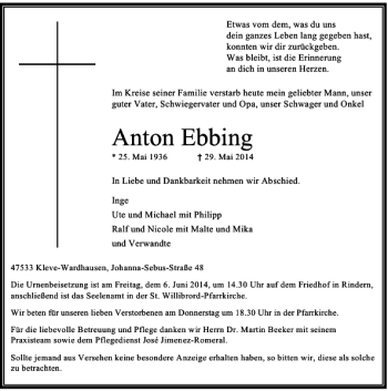 Traueranzeige von Anton Ebbing von Rheinische Post