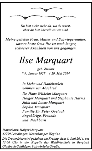 Traueranzeige von Ilse Marquart von Rheinische Post